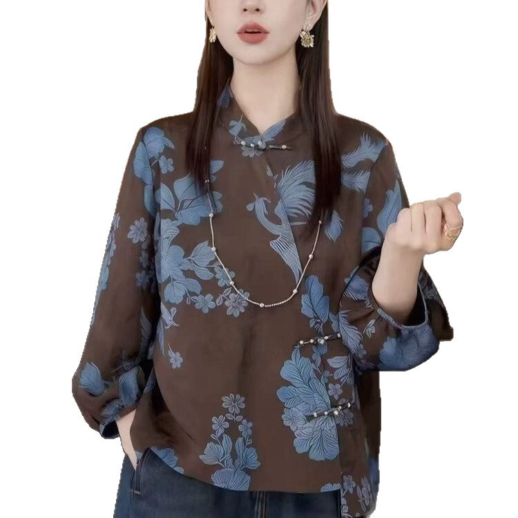新中式国风立领衬衫女士秋季新款妈妈装洋气衬衣百搭盘扣碎花上衣|undefined