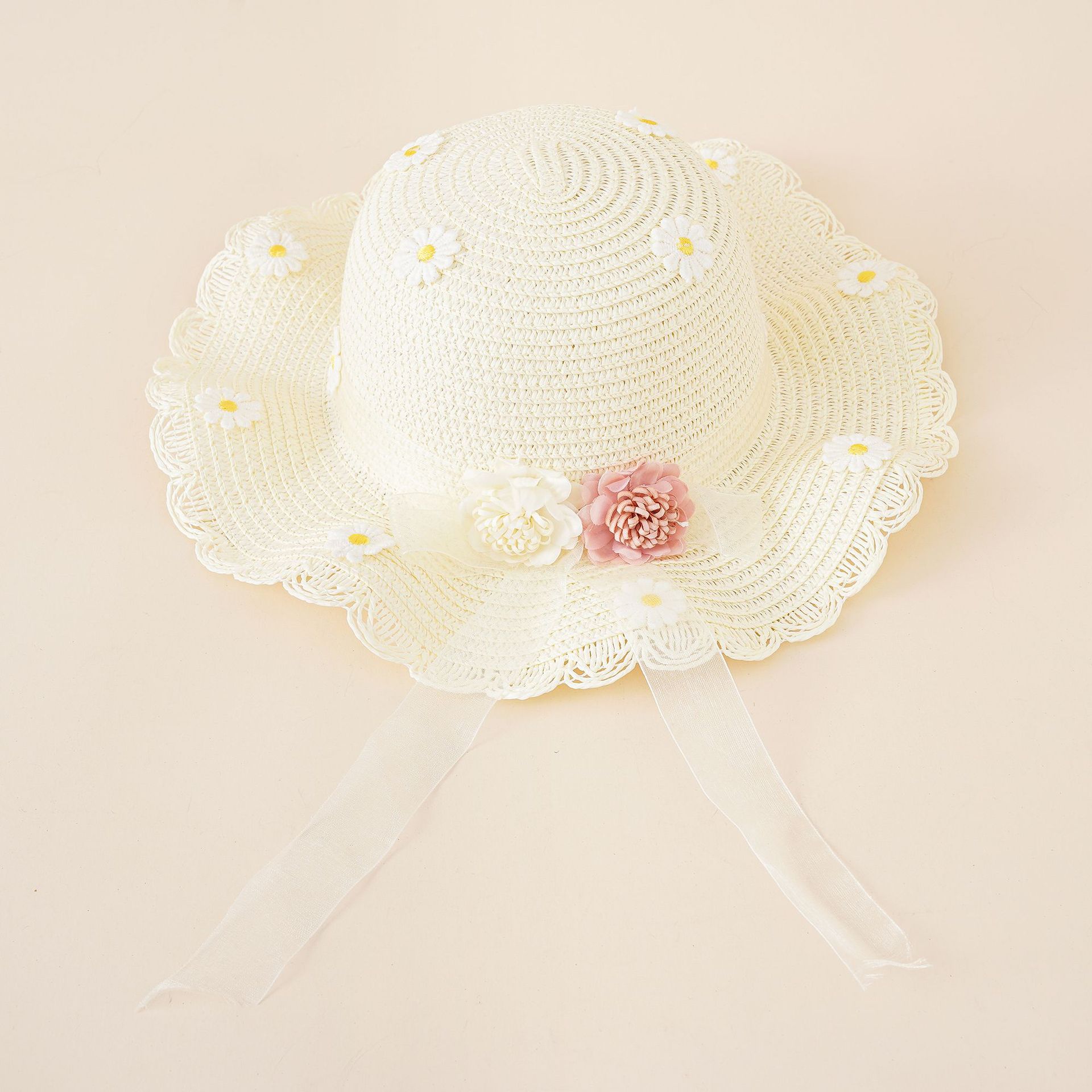 2023 nueva flor de encaje de color puro a prueba de sol versátil sombrero de paja para niños para viajes image 3