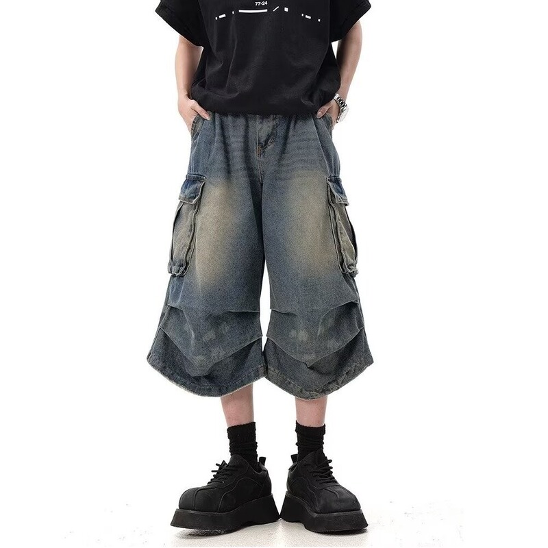 American Retro Washed Multi-Pocket Cargo Denim Shorts for Men with Pleated Design, Loose and Drapey Cropped Pants