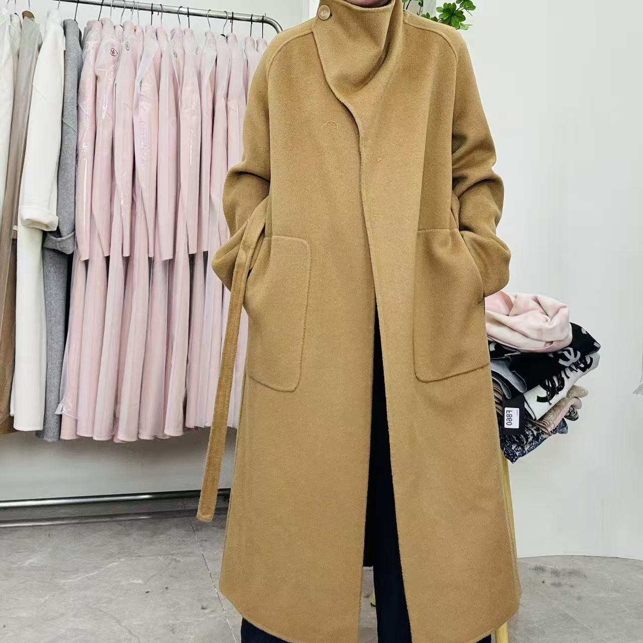 特价30羊绒荡领腰带加长款双面羊绒大衣简约百搭高级感2025秋女