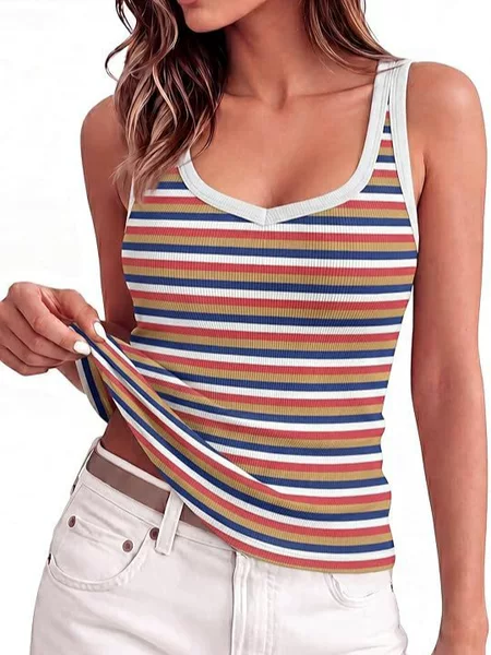 Amazon Cross-Border Chanel-Style 2026 New Colorful Striped U-Neck Knitted Camisole Women's Versatile Top