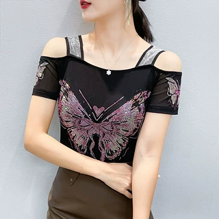 欧洲2026夏季新款重工镶钻双层冰丝网纱短袖时尚露肩美背小衫女潮