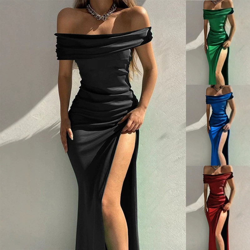 New foreign trade tight-fitting dress for women, solid color sleeveless mid-length one-shoulder dress, sexy evening gown