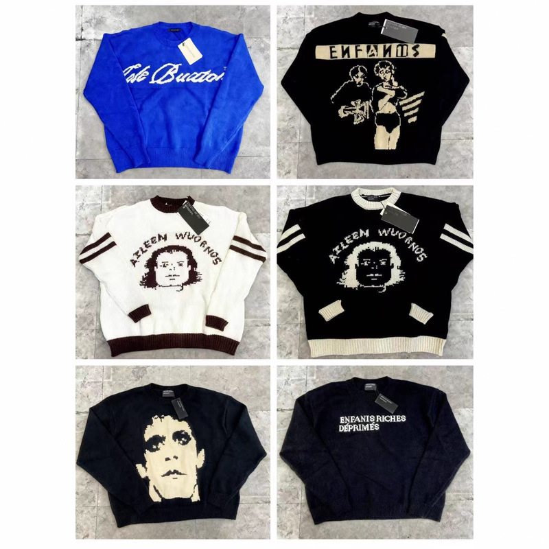 Cross-Border European and American Trendy Brand Melancholic Rich Second-Generation Erd Letter Portrait Jacquard Retro Round Neck Sweater Set Knitwear