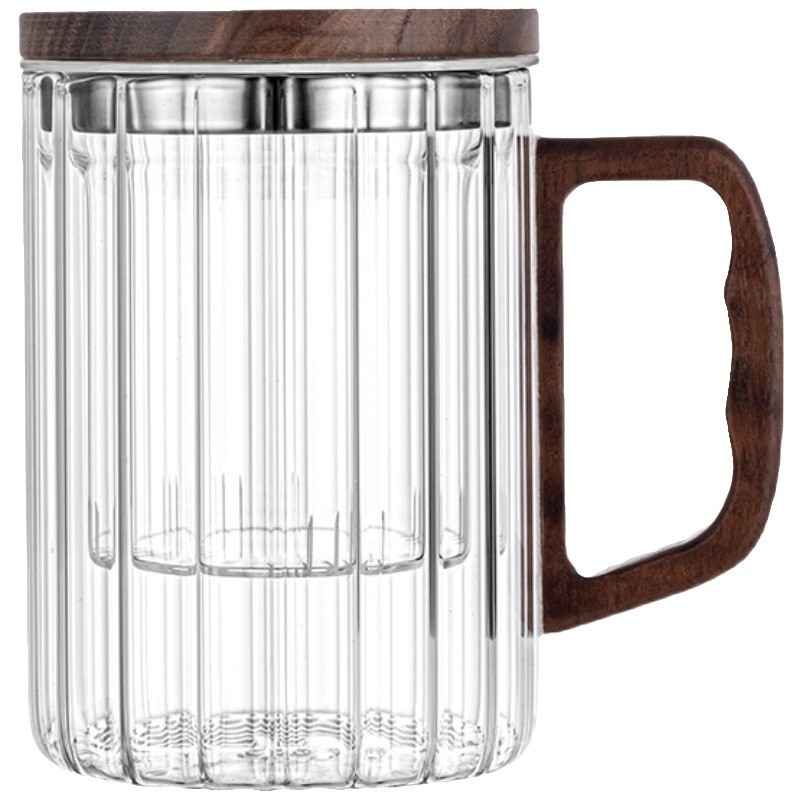 Taza de té vertical transparente de oficina resistente al calor taza de cubierta de madera mango de separación de agua de té de alta borosilicona vidrio de tres piezas taza