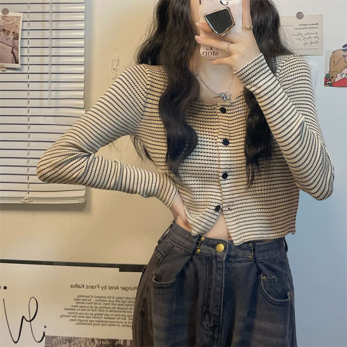 Knit sweater for autumn and winter, women's small Chanel-style striped gentle wear, design sense, niche versatile, slimming open sweater