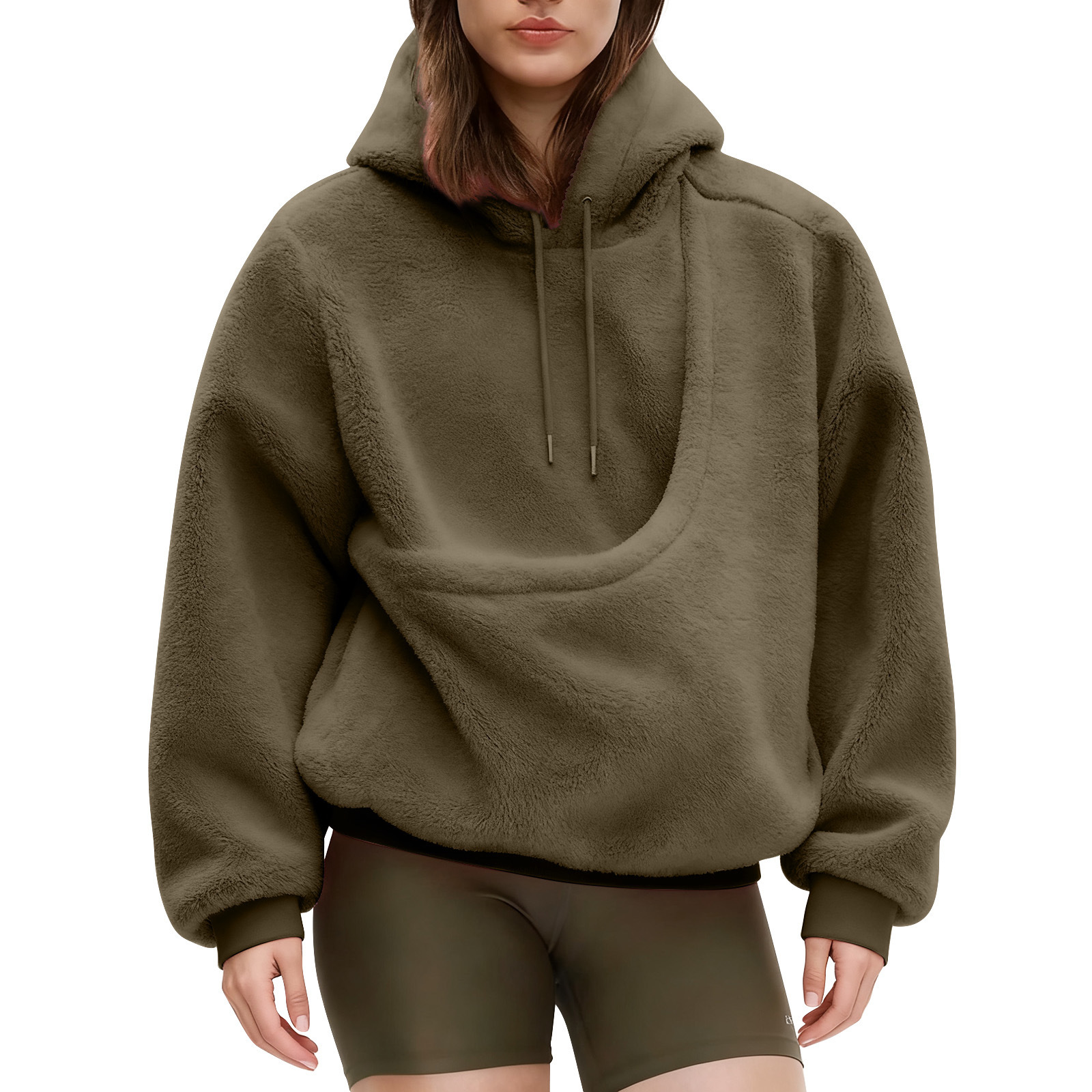 BK8837# Amazon Avrupa Amerika Sonbahar Kış Sınır Ötesi Düz Renk Kapşonlu Peluş Evcil Hayvan Cepli Geniş Kesim Sweatshirt Kadın