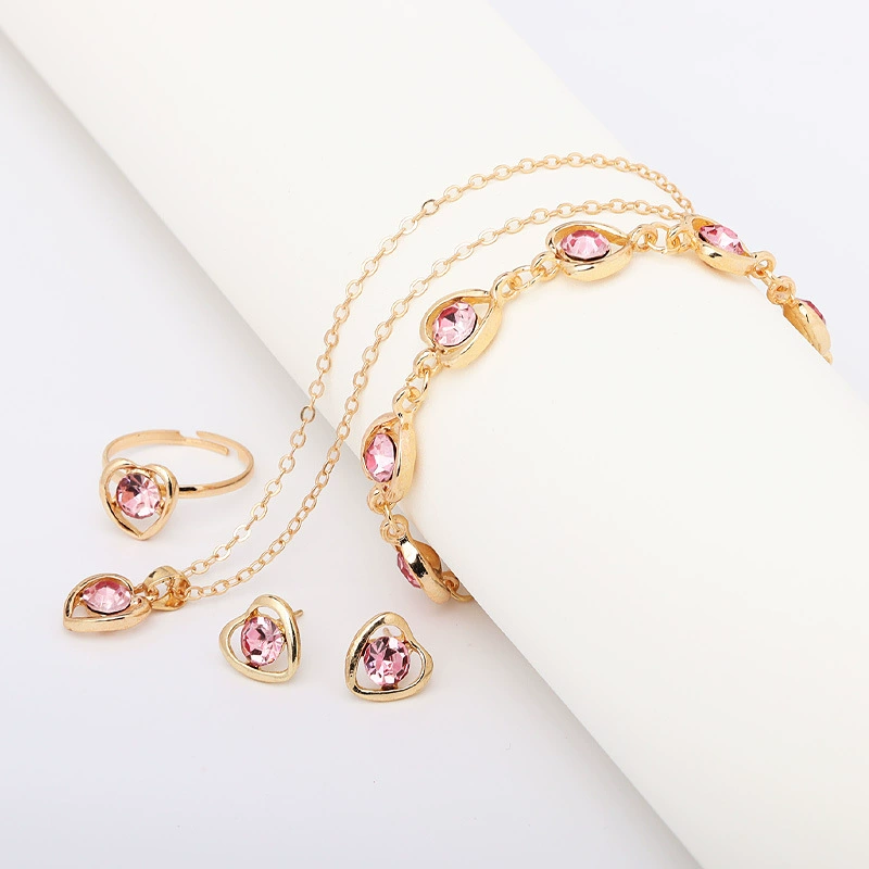 Fashionable necklace and earrings heart-shaped, ring, bracelet, set, Amazon, European style, 4 piece set