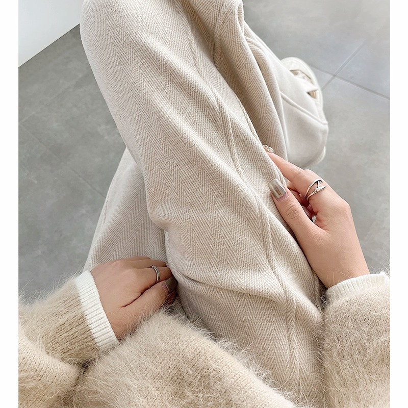 헤링본 기모 넓은 다리 바지 여성 가을 겨울 2025 새로운 양모 분할 바지 스트레이트 울 좁은 바나나 바지