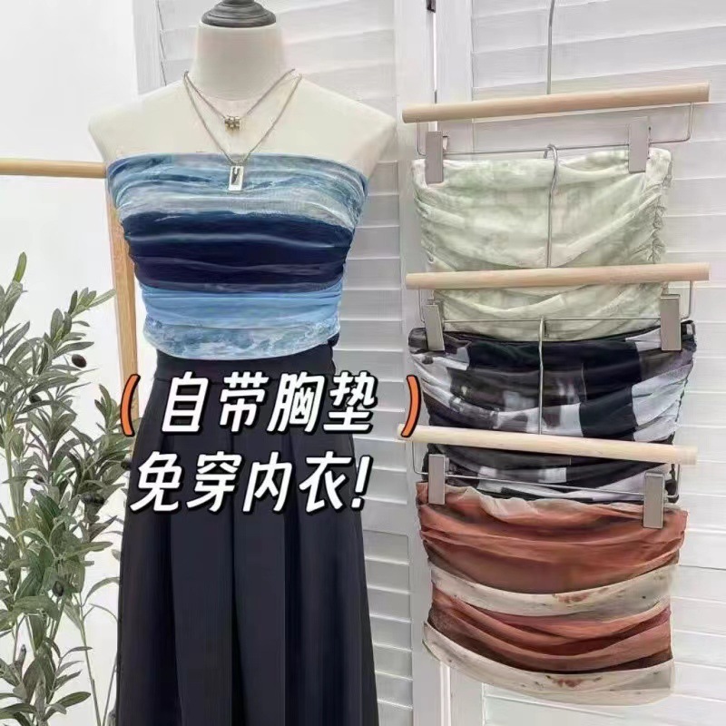 봄과 여름 새로운 고급 넥타이 염색 스트랩리스 탑