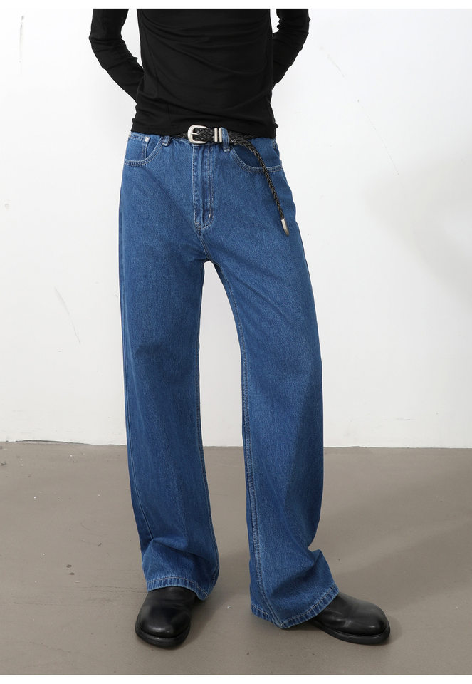 Quần jean nam ống rộng dáng suông thoải mái kiểu Mỹ, vải denim xử lý giặt mài, lưng trung, dài quần — Xanh da trờicolor, Xám đen, màu xám nhạt chi tiết 18