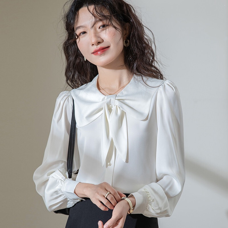 French-style doll collar bow satin white shirt for women, 2025 spring and autumn new model, suitable for commuting and professional wear