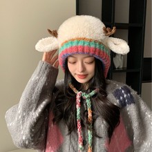 可爱鹿角毛绒帽子女冬季新款保暖防寒系带护耳帽显脸小针织毛线帽