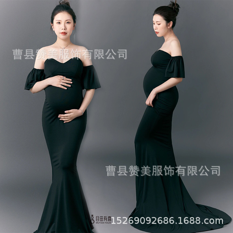 影楼新款孕妇照服装黑色性感抹胸拖尾礼服主题摄影写真衣服在家拍