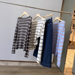 IN BLUE テンセルリネン！軽くて薄い、ほんのり透ける、万能カジュアルルーズストライプコントラストカラーの女性用長袖トップス