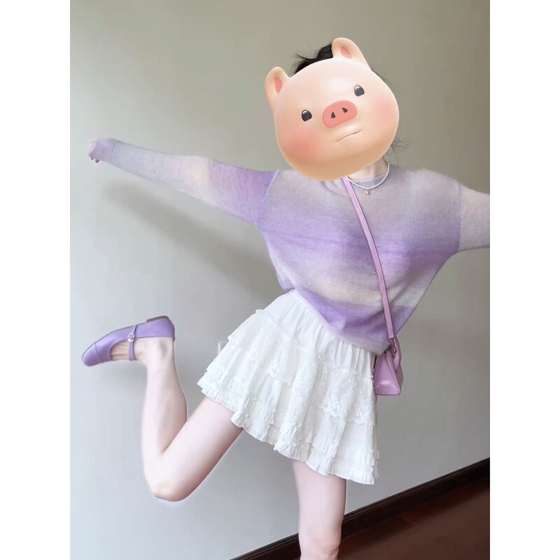 light purple Knitted Sweater Women's 2025 Spring New Sweet Design Sense Inner Base Shirt Skirt Two-Piece Set