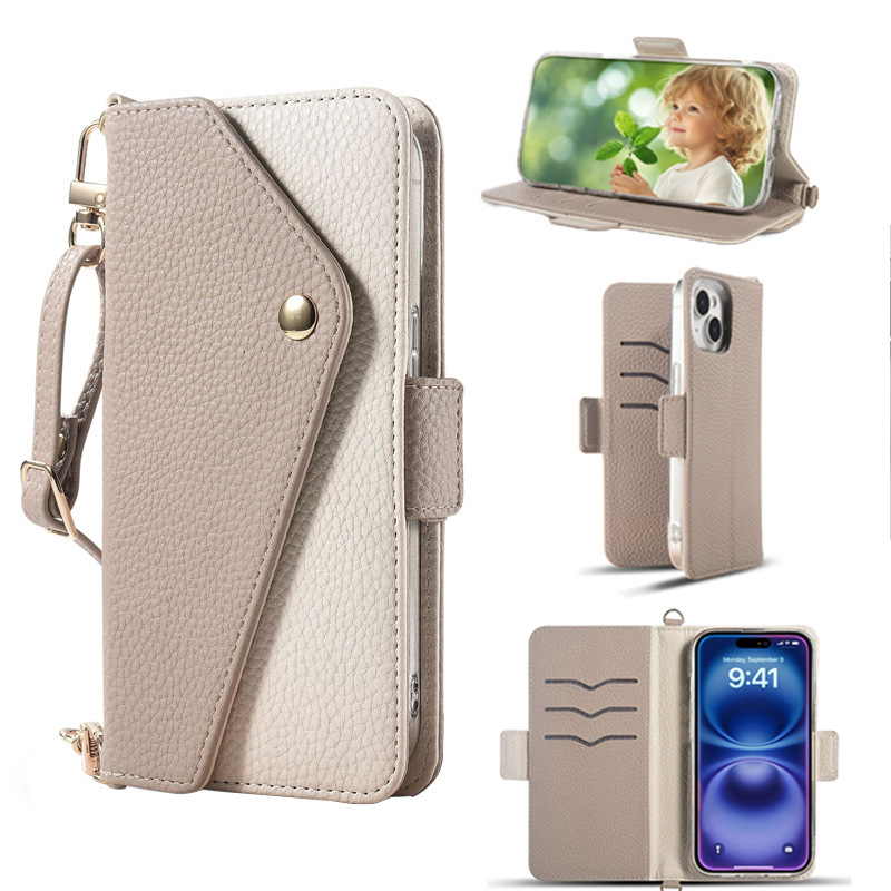 Magnetic Card Holder Suitable for iPhone 17 Crossbody Phone Case, Apple 16 Pro Max Flip Leather Case with Card Holder and Wrist Strap