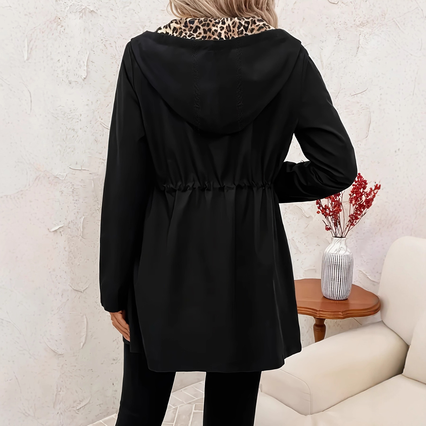 "Reversible Hooded Jacket With Leopard Print Lining – Adjustable Waist Belt & Longline Silhouette (Black Polyester Outerwear For Urban Commute)"_voghion.com