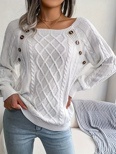 Elegant White Crew Neck Knit Sweater for Women Soft Cross-border