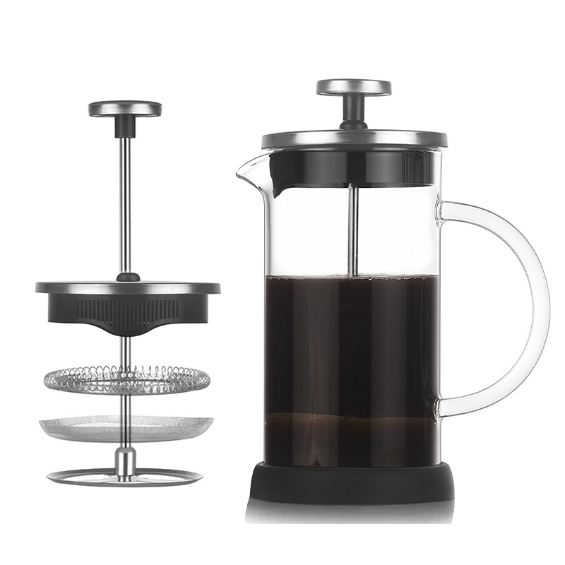 Household Transparent French Press Pot Heat-Resistant High Borosilicate Glass Coffee Pot Silicone Bottom Hand-Pour Filter Press Pot Filter Tea Maker