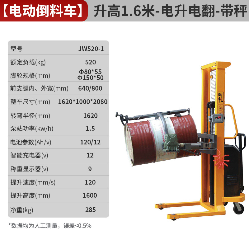 Carrileta elevadora de barril eléctrico de aceite elevación camión de descarga hidráulico de barril de barril de hierro camión de transporte de barril de plástico pesado