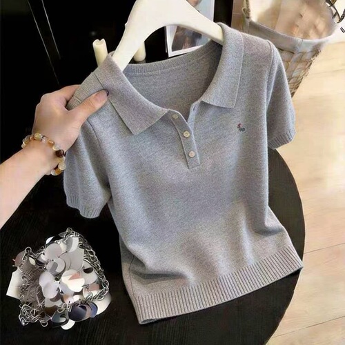 Women's casual knitted top, women's polo shirt, 2026 spring all-matching loose short-sleeved sweater