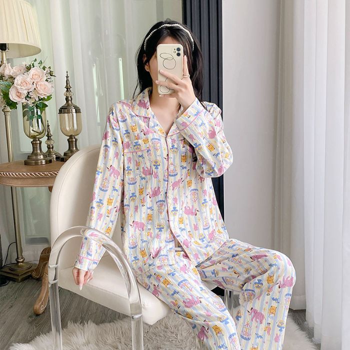 Al por mayor transfronterizo otoño nuevo pijama de algodón nublado, cardigan de manga larga, pantalones largos de dos piezas, ropa para el hogar se puede usar fuera