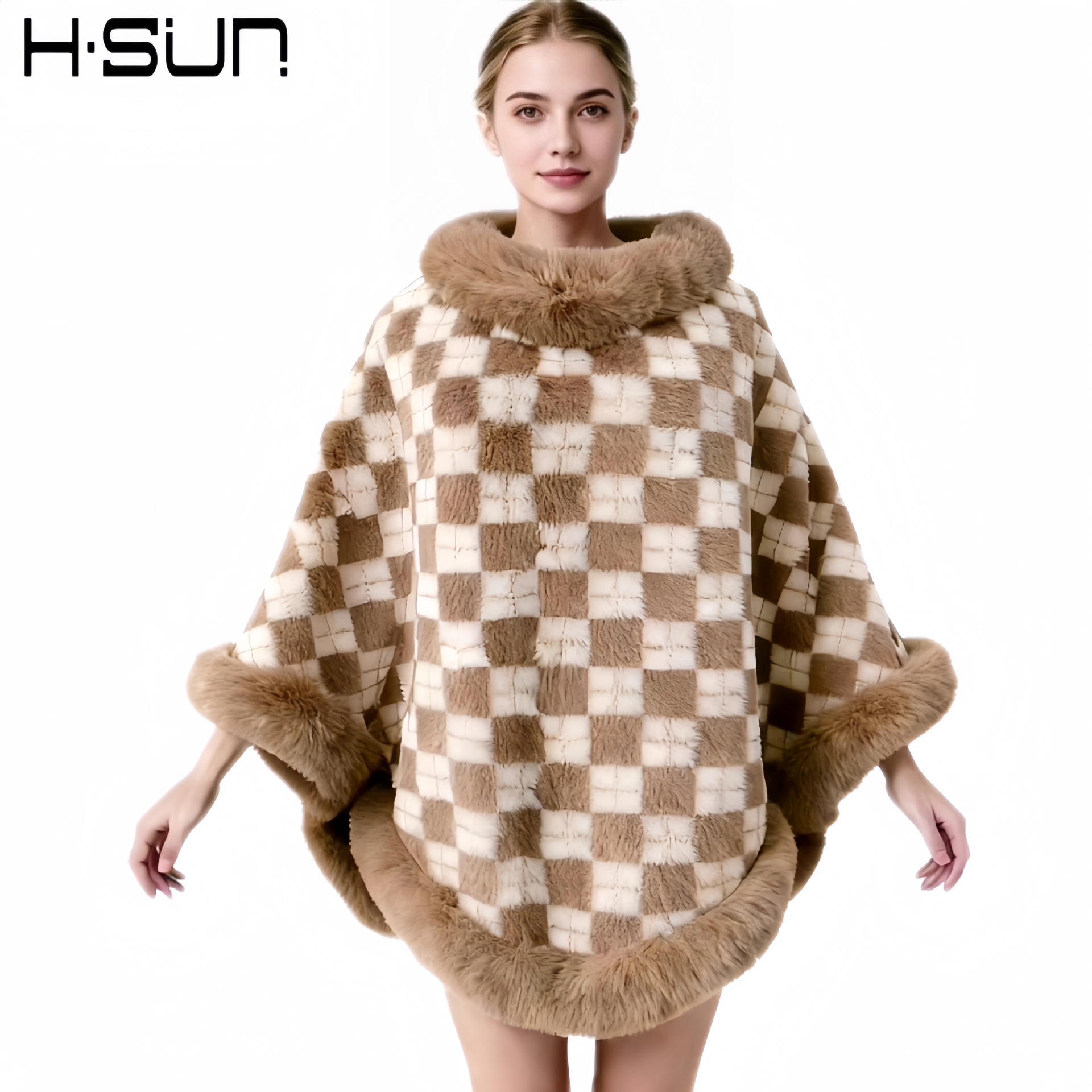 2024 otoño e invierno cuello de piel irregular a cuadros capa de contraste capa chal de mujer más capa de lana capa de terciopelo