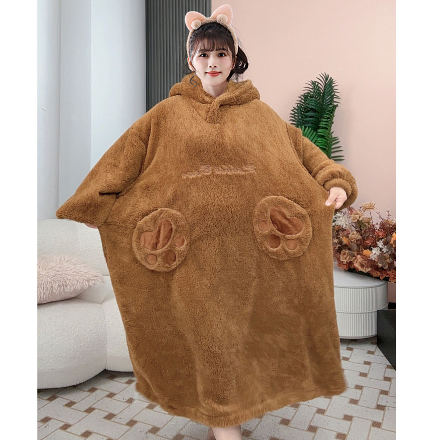 Plus Size Hooded Nightgown Ladies Thickened Coral Fleece Nightgown Winter Cute Cartoon Couple Nightgown Sweet Home Wear