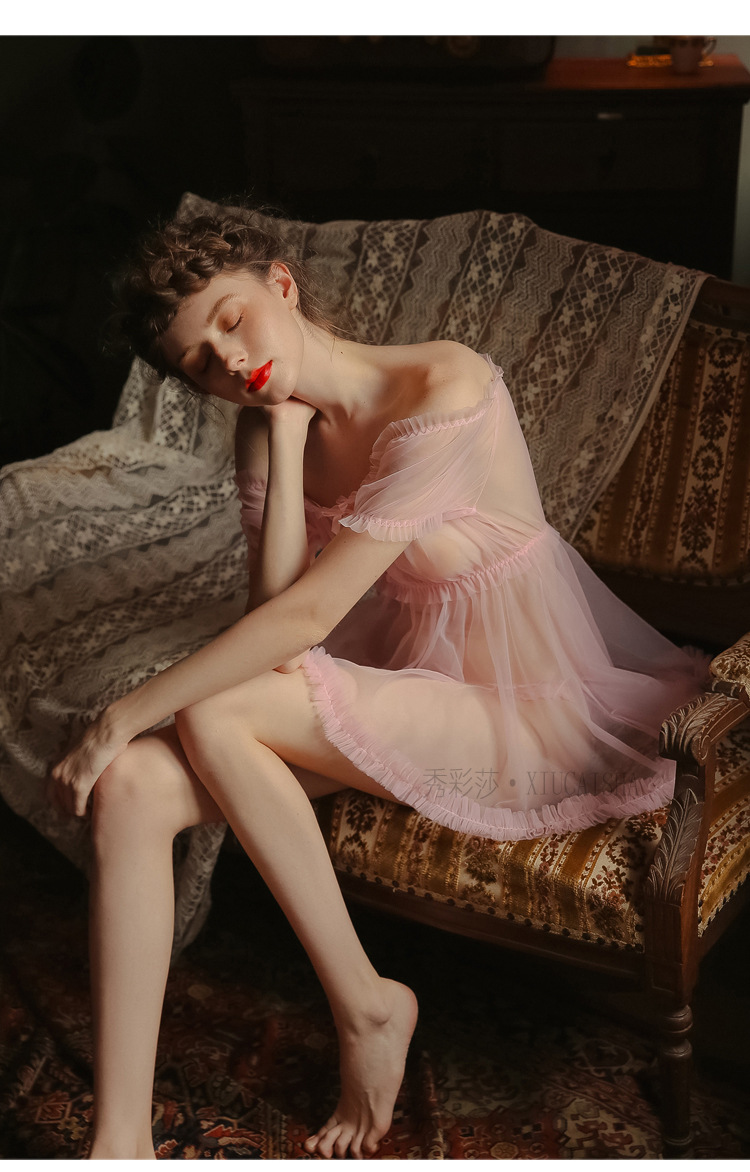 Sheer Mesh Babydoll Nightdress with Matching Panty, Pink One Size — detail image 33