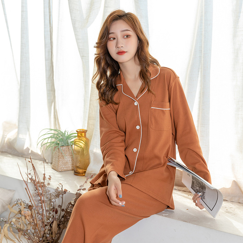 Japanese Style Tianzhu Cotton Women's Pajamas for Non-print Home Clothes Knitted Cotton Long-sleeved suit Couple's Thick Pajamas for Women