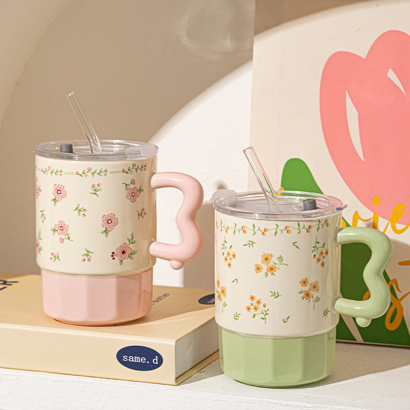 Taza de cerámica con pajita, taza de café para el hogar, taza de té, taza con tapa, gran capacidad, regalo para el Día de San Valentín