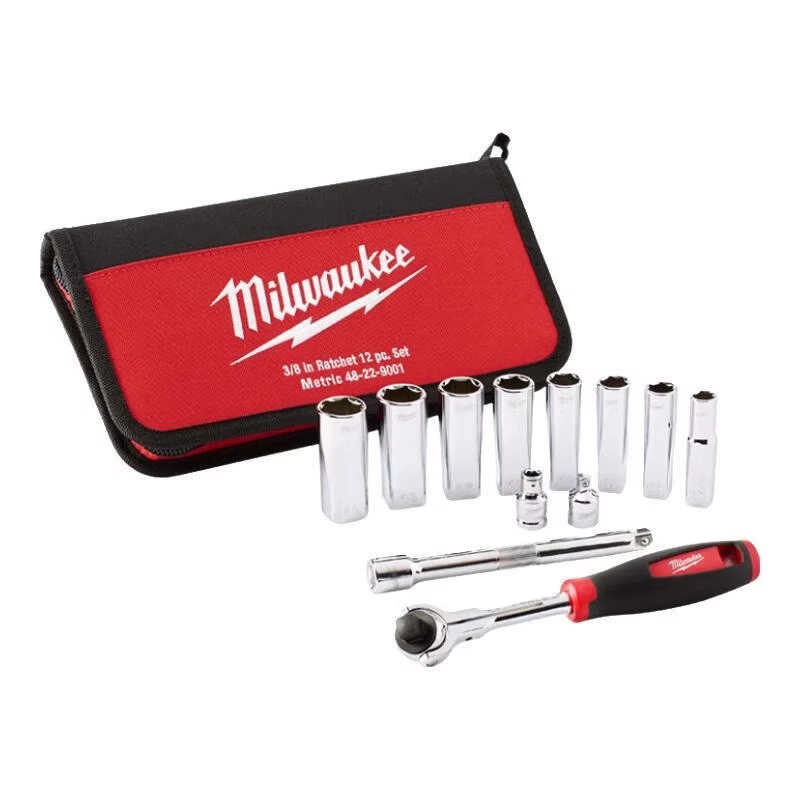 Набор Milwaukee 48-22-9001, 12 предметов, метрические головки 3/8", трещотка с резиновой ручкой