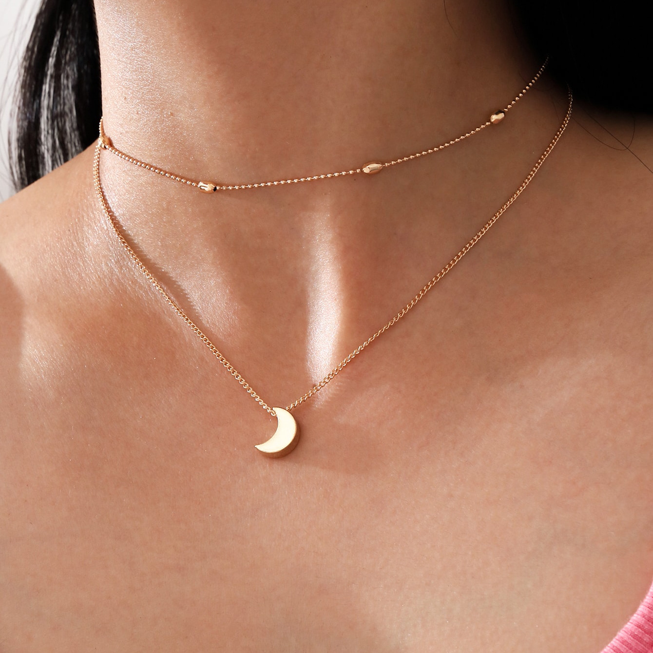 Simple Crescent Moon Pendant Double Layered Necklace display picture 2