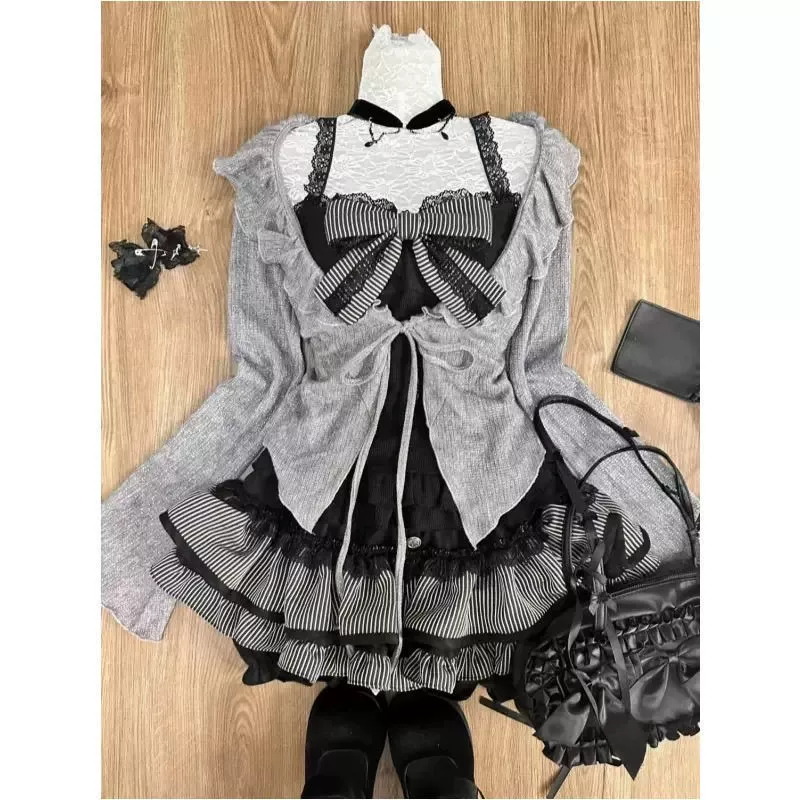 Банду lace cardigan & puff skirt 3-piece set (NUNBAI) — Black, lifting shaping, sizes S–XL