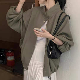 韩国chic秋冬复古洋气立领单排扣宽松灯笼袖短款夹克外套女