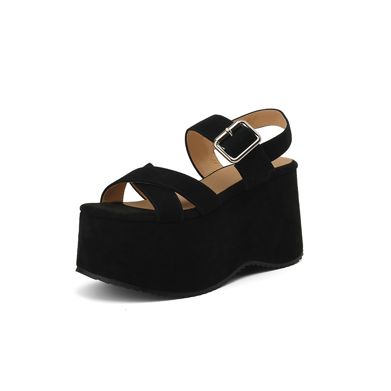 Sandal cao gót nữ hở mũi dây chéo da thật gót 10 cm phong cách La Mã — màu đen, màu mơ