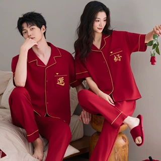 大红色睡衣结婚新婚情侣开衫春夏季短袖长裤男女特大码家居服套装
