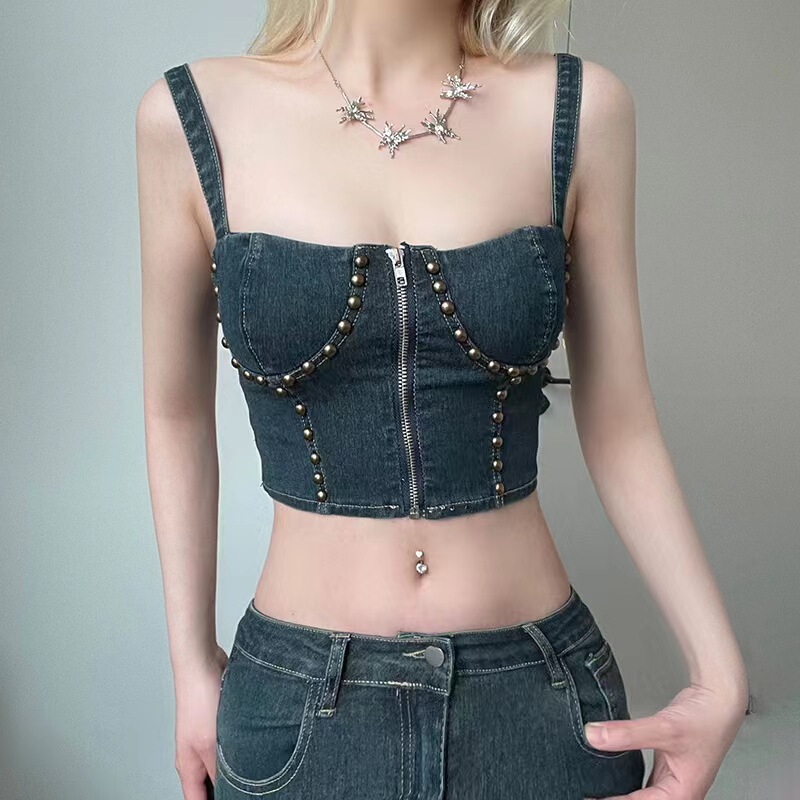 Trendy European and American Style Hot Girl Strapless Short Zip-Up Cardigan with Rivet Decoration, Denim Vest Top That Can Be Worn Outside
