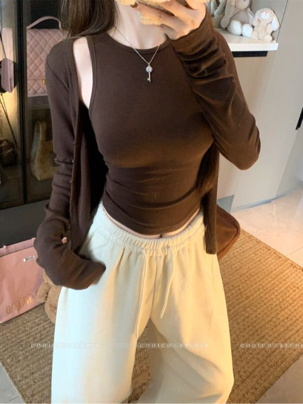 修身显瘦背心开衫两件套装女2025初秋季设计感长袖T恤打底衫上衣|undefined