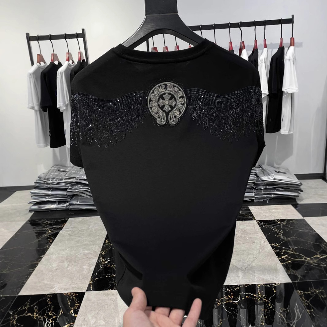 大码300斤男士圆领短袖夏季新款欧洲站潮流个性后背翅膀烫钻休闲