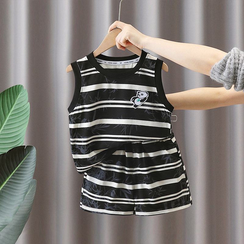 7373 Traje a rayas para niños 2025 Nuevo chaleco de panda sin mangas para niños Baby Summer Red de dos piezas Trendy
