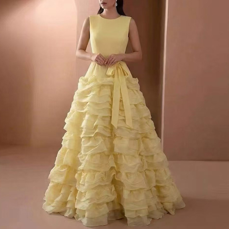 Fresh and Sweet Style Dress 2026 New Classic Round Neck Short-Sleeved Waist-Cinching Slimming Multi-Layered Ruffle Long Dress Fresh and Sweet Style Dress 2026 New Classic Round Neck Short-Sleeved Waist-Cinching Slimming Multi-Layered Ruffle Long Dress
