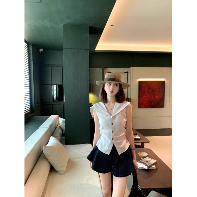 zhi士Cheese曼塔水仙夏复古气质百搭老钱风海军领衬衫女无袖上衣|undefined