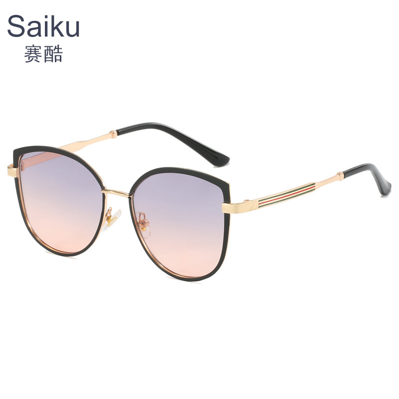 新款女士欧美潮流大框猫眼太阳镜渐变色墨镜跨境金属眼镜Glasses|undefined