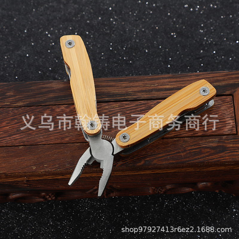 厂家直供不锈钢折叠功能竹柄小号钳子家用组合工具钳户外野营用品