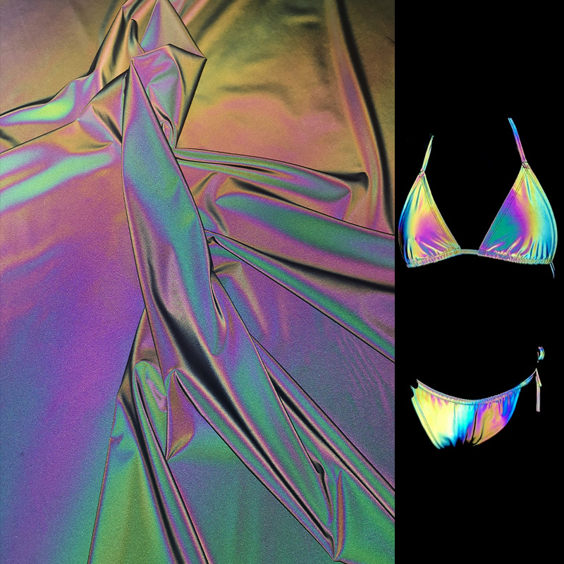 弹力好不打卷幻彩反光弹力布炫彩断彩反光弹力布泳衣七彩反光面料