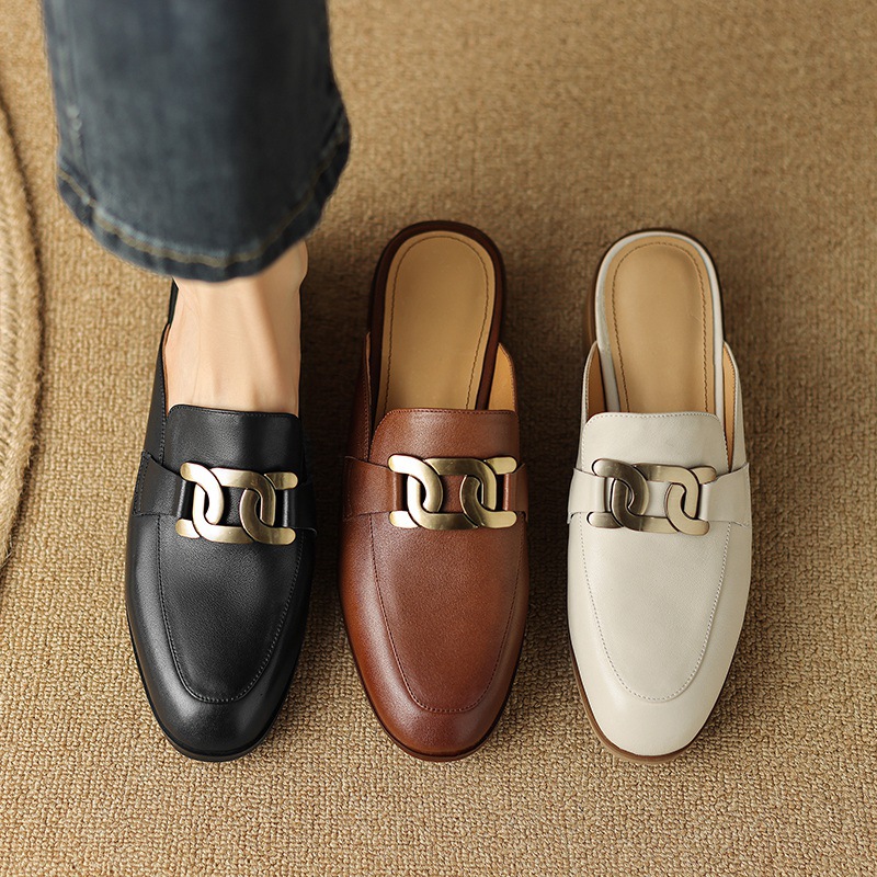 Giày mule nữ da bò mũi nhọn gót thấp 2 cm — Màu đen