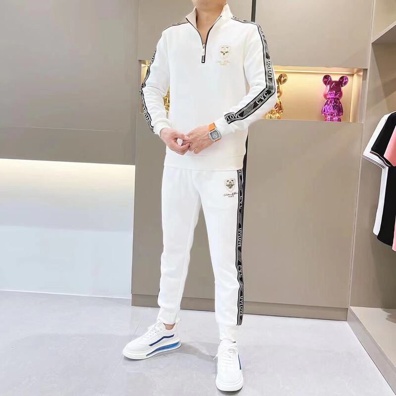 New Men's Contrast Casual Sports suit Men's European Station Stretch Black Stand Collar Two-piece Men's Jacket Trousers