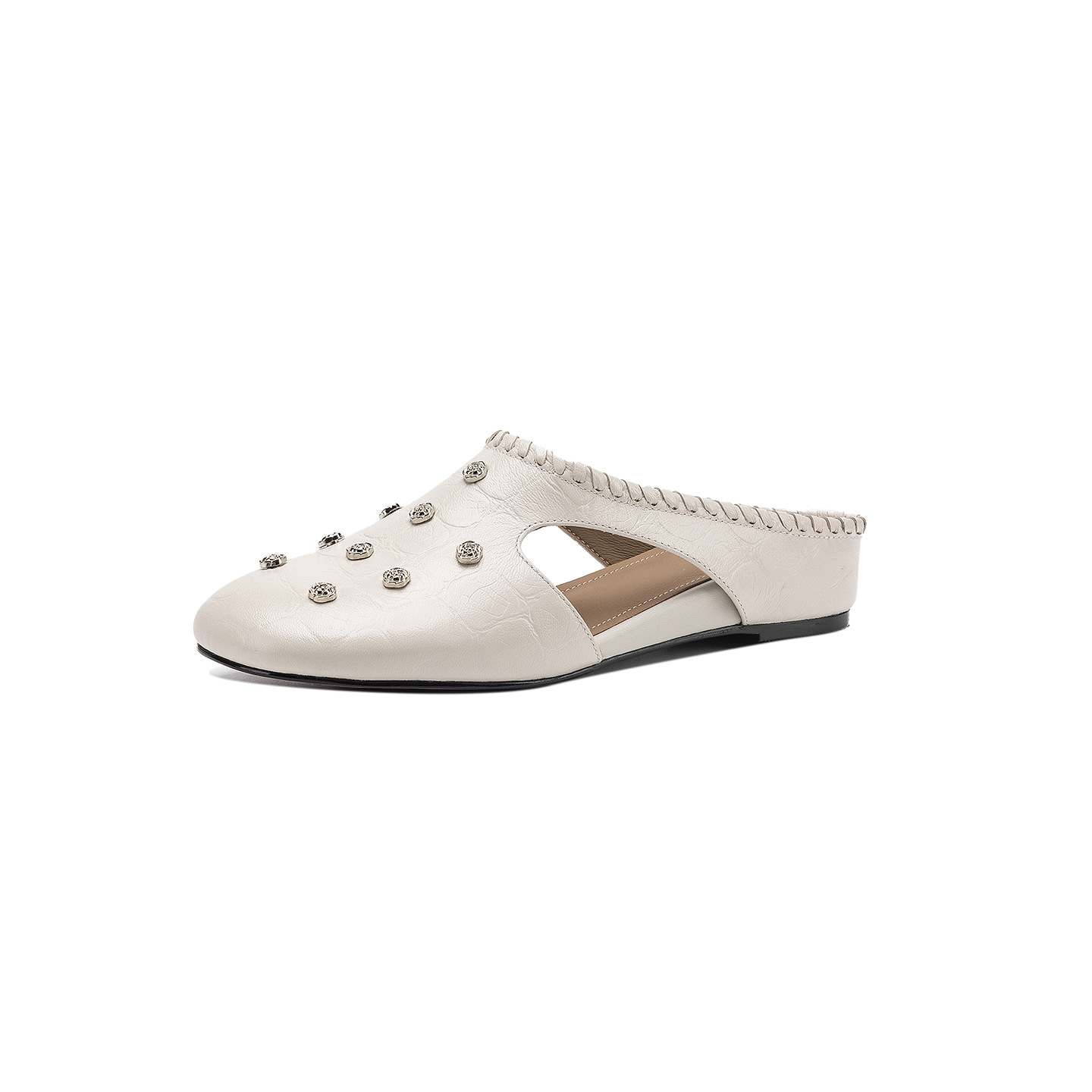 Sandal nữ hở mũi gót thấp da cừu vân đá, hoa đính mũi — đen chi tiết 25